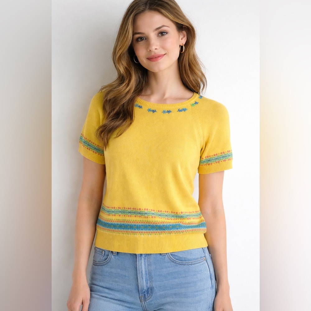 Vintage Yellow Knit Fair Isle Sweater Floral Embroidered Y2K Cottagecore